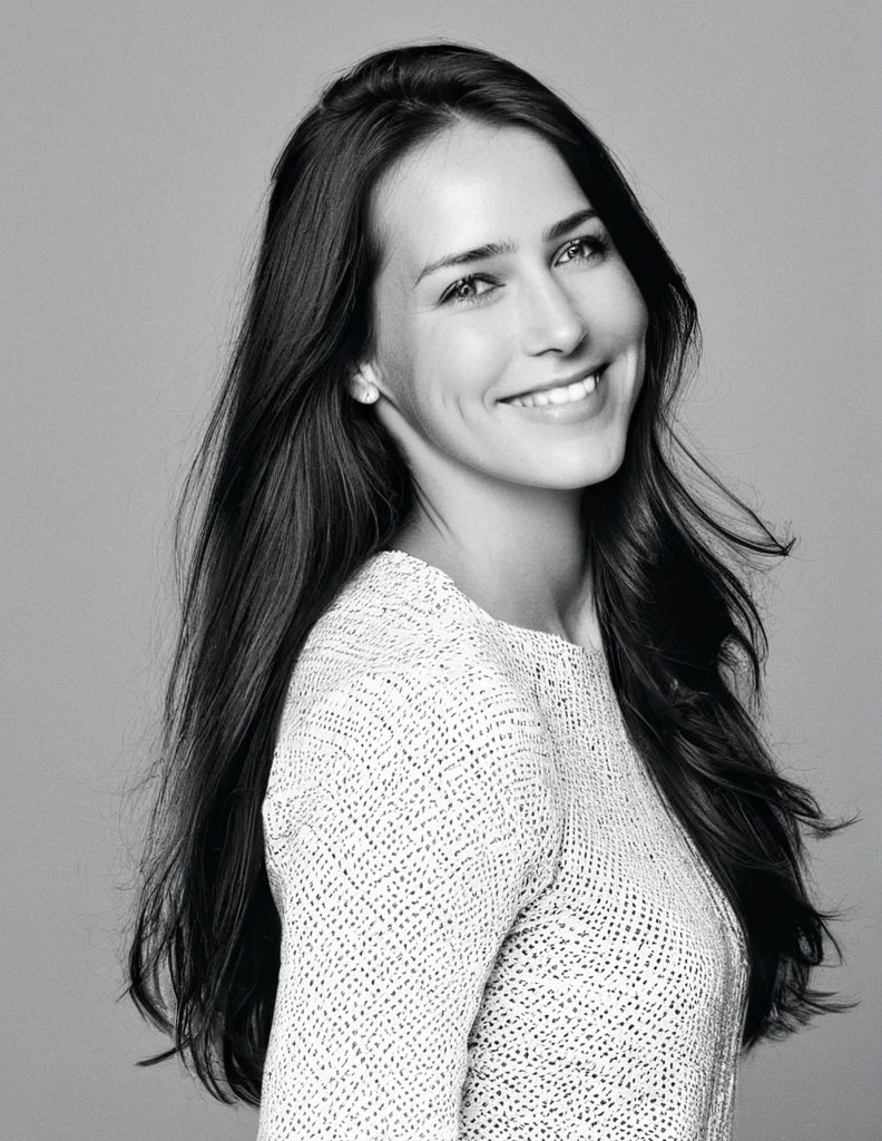 A black and white photograph of stefannie joosten posing in profile. Long straight hair falling freely. Her expression is joyful with a wide smile. The background is completely white, highlighting her figure with soft, even lighting. Her arms are crossed over her chest, creating a dynamic and expressive pose. The image conveys freedom, confidence, and joy image,attletic,green eyes, Brunette,1girl