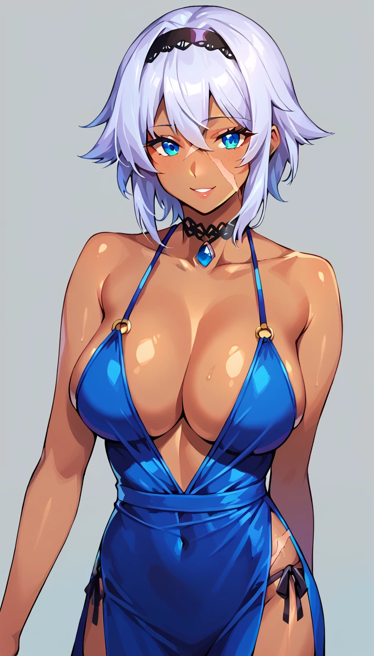 masterpiece, score_9, score_8_up, score_7_up, BREAK source_anime,best quality, extremely detailed, 1girl, milf, solo, (dark skin, black skin:1.8), Mary, Fate/GrandOrder, (large breasts), ((((grey hair), medium hair, blue eyes, scar on face))), purple lips, (((night dress, lingerie))), ((light smile), closed mouth), ((bedroom))