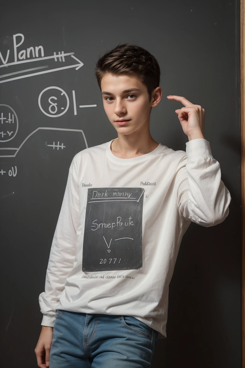 A beautiful young man, a cute male twink, with black hair, wearing a white long-sleeved shirt and jeans, and he is in his graduation speech, and behind him is a blackboard with calculus written on it, and neon energy comes out of the blackboard, and he looks on proudly.