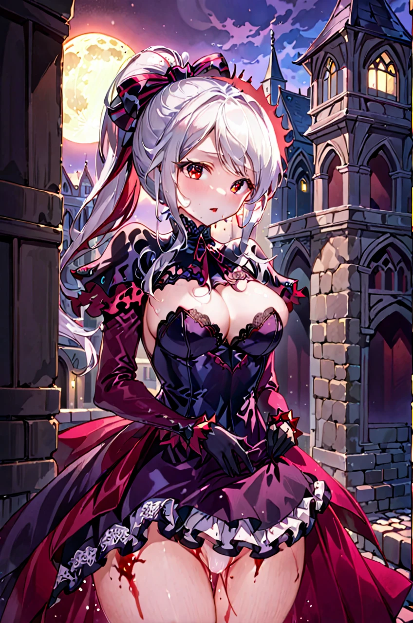 Shalltear Bloodfallen, the royal beauty, stands poised in the shadows of a medieval city's cobblestone streets, her silver hair styled in a ponytail, framing her luminous features. Her bright red eyes gleam like rubies amidst the dark canvas, as she dons an evening dress of black silk and lace, its gothic skirt fluttering in the faint breeze. A ribbon adorned with intricate lace wraps around her torso, securing a medium-short jacket that accentuates her curves. Long lace gloves cover her arms, leaving little to the imagination, while her generous D-cup breasts seem to defy gravity beneath the flowing fabric. The bloody moon casts a crimson glow over the scene, casting long shadows and bathing Shalltear in an otherworldly light.
