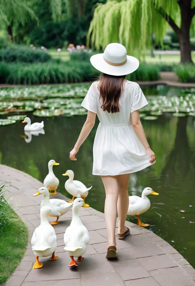 girl in a white hat, walking in a green park, near the pond with ducks, high quality