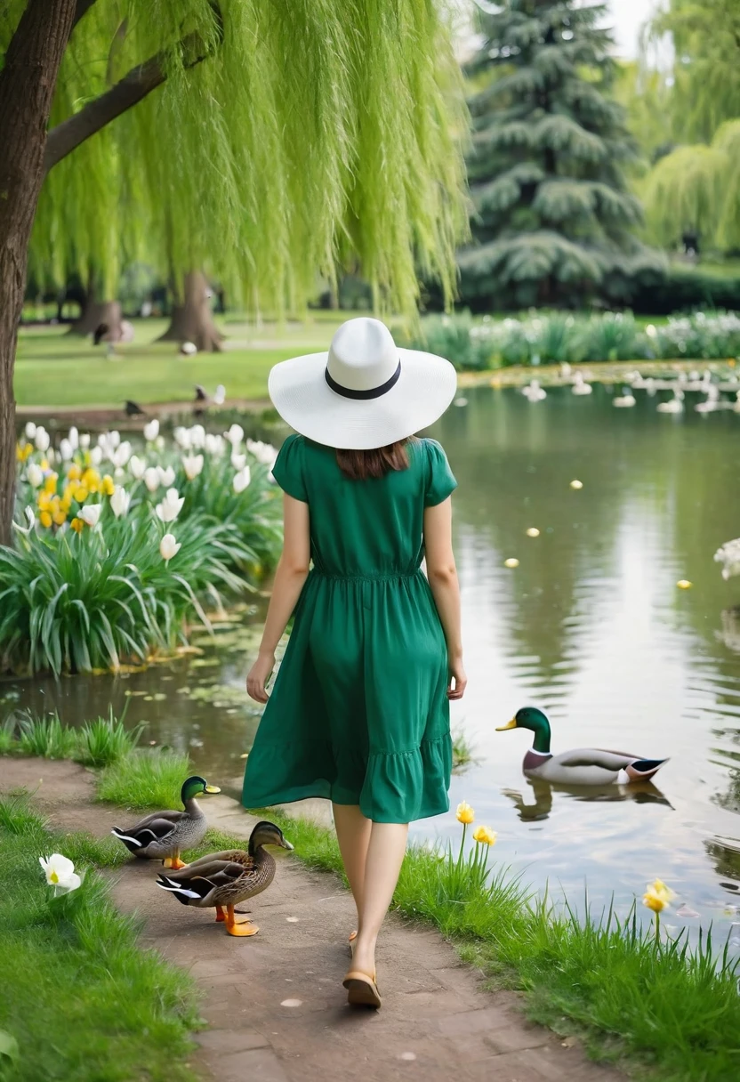 girl in a white hat, walking in a green park, near the pond with ducks, high quality