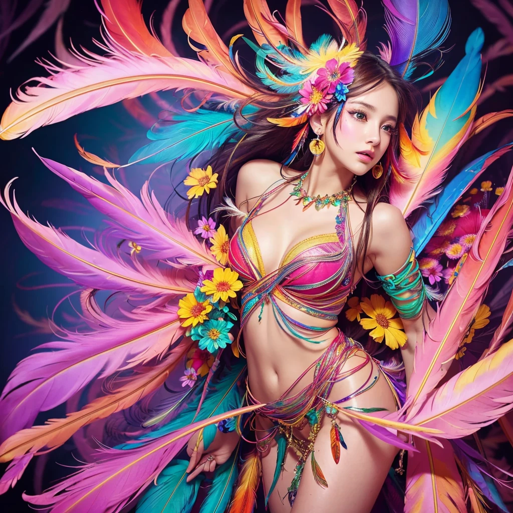 (Official Art, beautifully、aesthetic:1.2), (One girl:1.3),(Fractal Art:1.1),(colorful:1.1)(Flowers:1.3),Most detailed,(Tangled:1.2), whole body, (Abstract background:1.3), (Shiny skin), (Many colors:1.4), ,(Earrings), (feather:1.5),