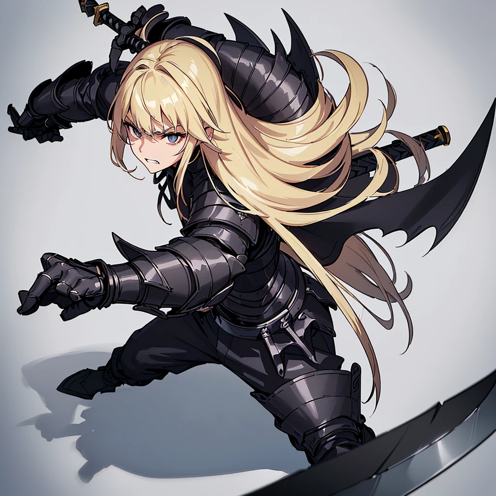 (Full body character concept)、(((Solo)))、Highest quality, Best Quality、8K、Best illustrations、(Full body character concept、detailed)、(((Gray simple armor、Black trousers、Black gloves))、(woman、18-year-old)、(Blonde、Long Hair)、(((Grab the sword)))、(Fighting stance,)、Dramatic Angle、(White background)、(From above)、(Clench your teeth)
