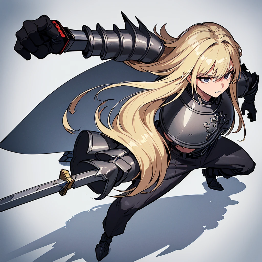 (Full body character concept)、(((Solo)))、Highest quality, Best Quality、8K、Best illustrations、(Full body character concept、detailed)、(((Gray simple armor、Black trousers、Black gloves))、(woman、18-year-old)、(Blonde、Long Hair)、(((Grab the sword)))、(Fighting stance,)、Dramatic Angle、(White background)、(From above)、(Clench your teeth)