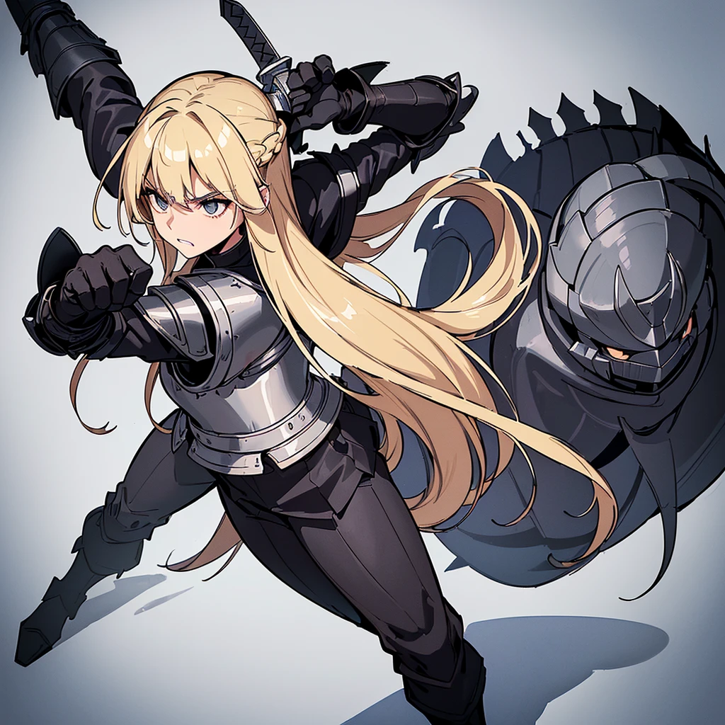 (Full body character concept)、(((Solo)))、Highest quality, Best Quality、8K、Best illustrations、(Full body character concept、detailed)、(((Gray simple armor、Black trousers、Black gloves))、(woman、18-year-old)、(Blonde、Long Hair)、(((Grab the sword)))、(Fighting stance,)、Dramatic Angle、(White background)、(From above)、(Clench your teeth)