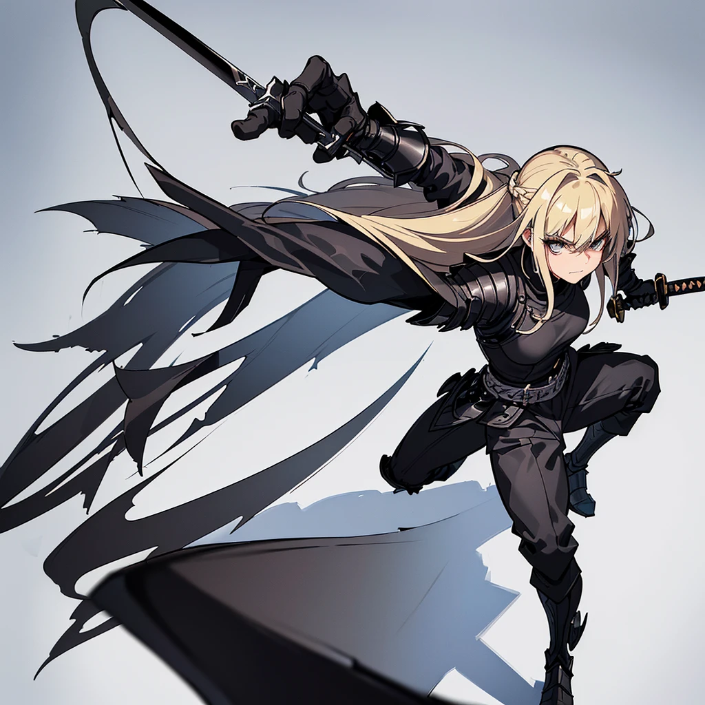 (Full body character concept)、(((Solo)))、Highest quality, Best Quality、8K、Best illustrations、(Full body character concept、detailed)、(((Gray simple armor、Black trousers、Black gloves))、(woman、18-year-old)、(Blonde、Long Hair)、(((Grab the sword)))、(Fighting stance,)、Dramatic Angle、(White background)、(From above)、(Clench your teeth)