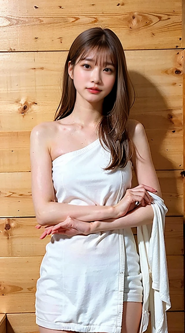 (8K、Raw photo、highest quality、masterpiece:1.2)、(Realistic、Photorealistic)、1 girl、Being in the sauna、Bath towel wrapped around the body、Sweaty skin