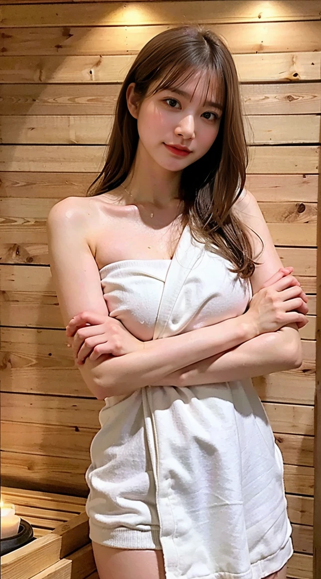 (8K、Raw photo、highest quality、masterpiece:1.2)、(Realistic、Photorealistic)、1 girl、Being in the sauna、Bath towel wrapped around the body、Sweaty skin