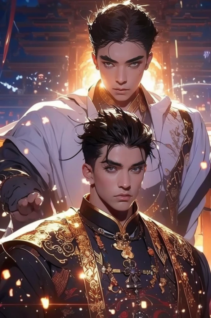 a man in a white robe, black hair, a sword in his left hand, young man, ponytail hair, ancient Chinese clothing, qi, a huge saber, ancient Chinese buildings in the background, night, powerful character, purple rays, a beautiful landscape. Detailed face, thick eyebrows, black eyes, 8k, robe embroidered with gold edges, detailed clothing, xianxia, world of cultivation. ((upper body))