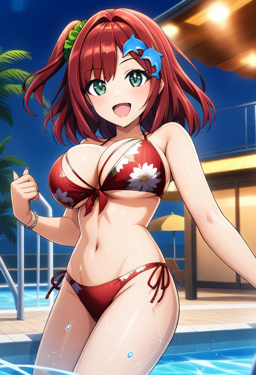 (((pixel-perfect, detail-perfect))), solo, 1girl, ruby kurosawa, smile, pool, bikini, armpit, flat filesize, ultra High Qality