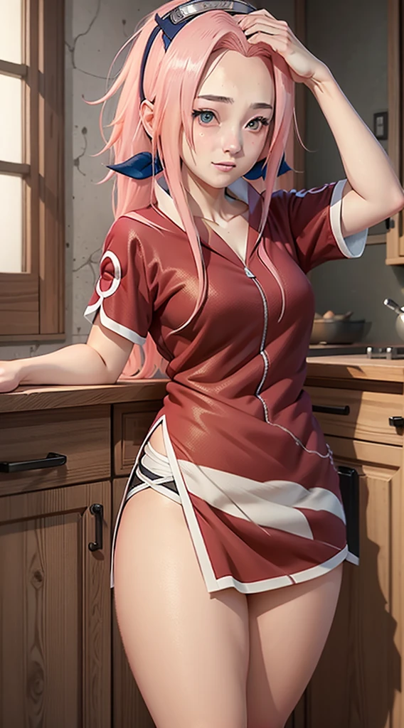 Haruno Sakura, long hair tied low, hair band, Pink hair, hana purple eyes, beautiful, beautiful woman, perfect body, (((thick thighs))), perfect breasts, wearing white pajamas, pajamas, sleepwear, in the kitchen, clear kitchen, looking at the audience, a slight smile, realism, masterpiece , textured leather, super detail, high detail, high quality, best quality, 1080p, 16k