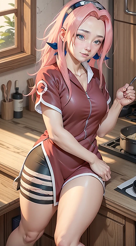 Haruno Sakura, long hair tied low, hair band, Pink hair, hana purple eyes, beautiful, beautiful woman, perfect body, (((thick thighs))), perfect breasts, wearing white pajamas, pajamas, sleepwear, in the kitchen, clear kitchen, looking at the audience, a slight smile, realism, masterpiece , textured leather, super detail, high detail, high quality, best quality, 1080p, 16k