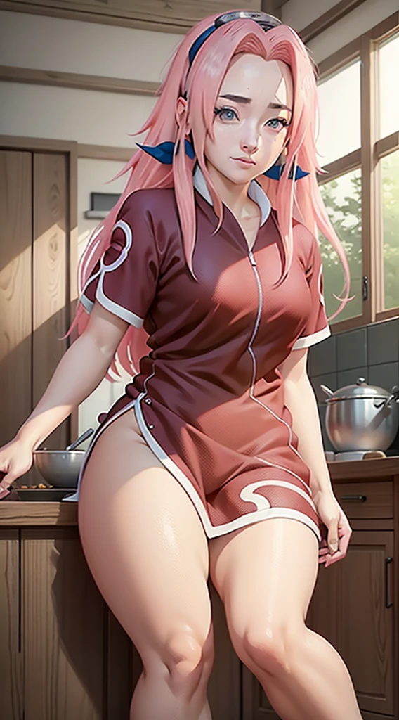 Haruno Sakura, long hair tied low, hair band, Pink hair, hana purple eyes, beautiful, beautiful woman, perfect body, (((thick thighs))), perfect breasts, wearing white pajamas, pajamas, sleepwear, in the kitchen, clear kitchen, looking at the audience, a slight smile, realism, masterpiece , textured leather, super detail, high detail, high quality, best quality, 1080p, 16k