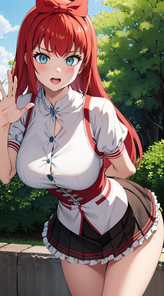 スカートが捲られてる、Without skirt、White underwear、In underwear、Panties in full view、White panties、 1, 1girl, asahina mikuru, long hair, kita high , solo,  short sleeves, red ribbon, large breasts, cowboy shot, waving, outdoors, leaning forward,Underwear in full view