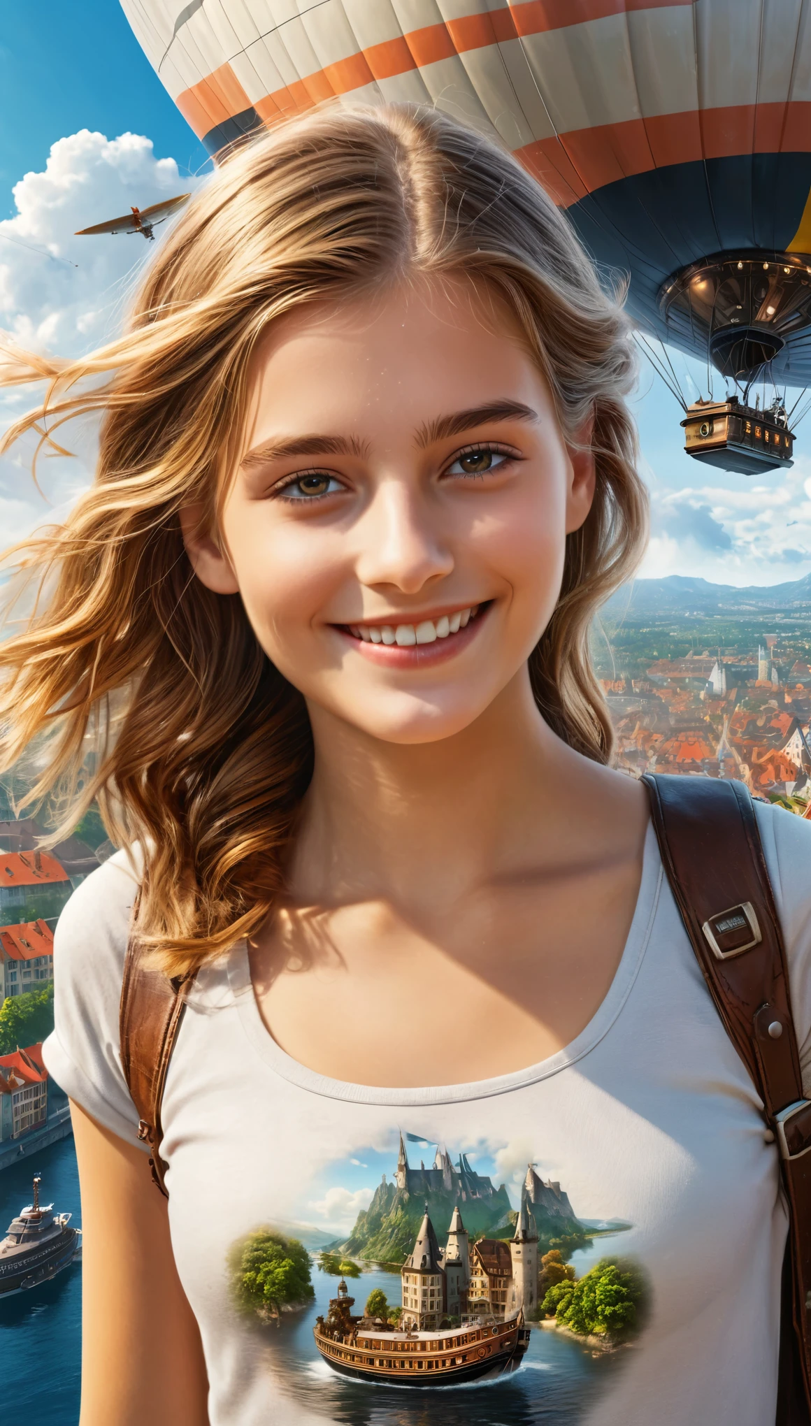 Many islands are floating in the air, A small airship is flying around, City, Fantasy, Extreme Detail, Realistic Light, A magnificent composition, (Intricate details), (Intricate Design, Super detailed :1.2), Art Station, (masterpiece, Highest quality), Ultra HD, 32K (Close-up portrait of 16yo beautiful Half German girl is smiling at viewers:1.6)
