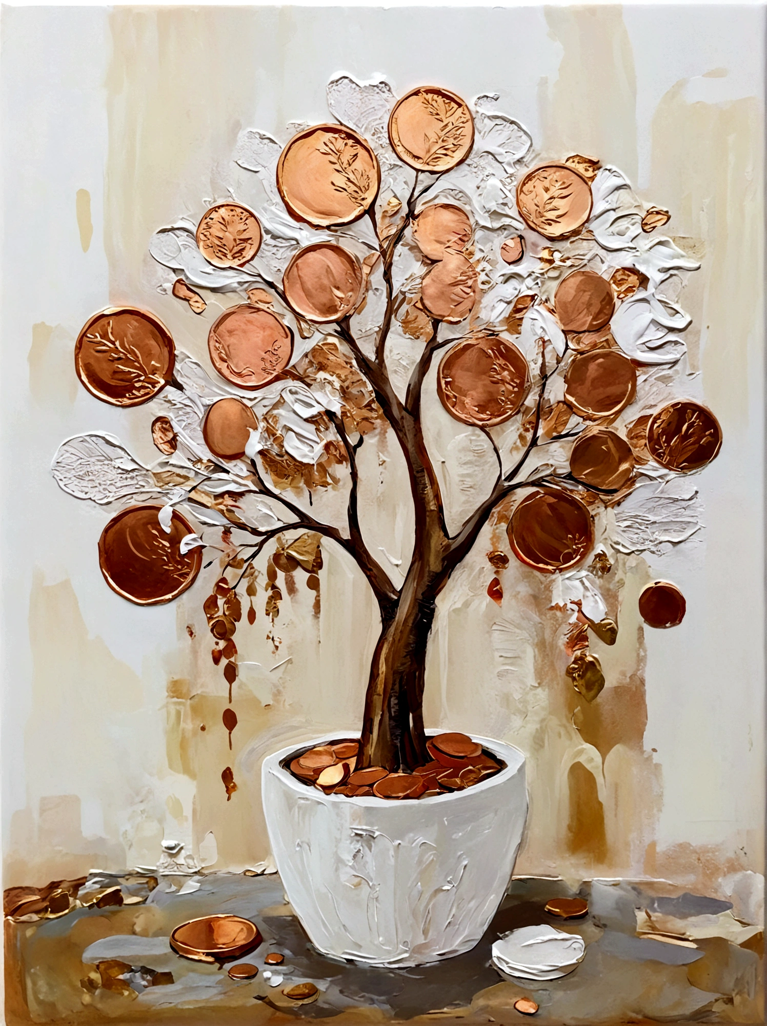 Gilded，Copper Coins，小小的Copper Coins，money tree，vanilla，bright，White background，vanilla，cream，whiskey，Abstract Art，emotion，emotion，Thick textured paint, 