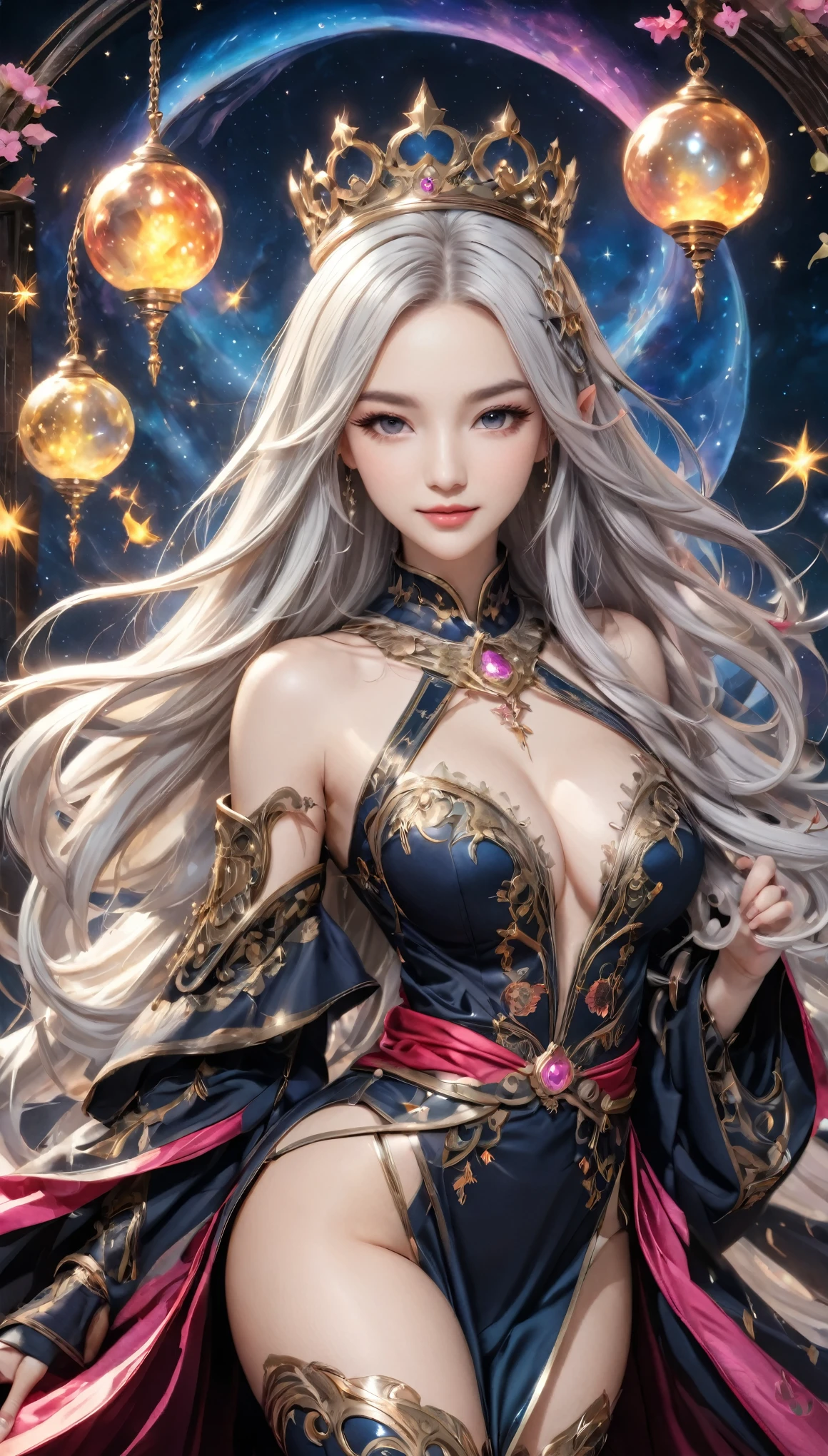 8K resolution, masterpiece, Highest quality, Award-winning works, unrealistic, From above, erotic, sole sexy lady, healthy shaped body, 22 years old, black mage, 165cm tall, huge firm bouncing busts,, white silver long wavy hair, Detailed facial depictions, Break, god秘的な青い瞳, Standard nose, Eyeliner, pink lips, sexy long legs, Clear skin, holy knight, Gothic ruffle long dress, A dress with a complex structure, Seven-colored colorful dress, Clothed in flames, royal coat of arms, elegant, Very detailed, Delicate depiction of hair, miniature painting, Digital Painting, artステーション, コンセプトart, Smooth, Sharp focus, shape, artジャム、Greg Rutkowski、Alphonse Mucha、William Adolphe Bouguereau、art：Stephanie Law , Royal Jewel, nature, Symmetric, Greg Rutkowski, Charlie Bowwater, Unreal, Surreal, Dynamic Lighting, ファンタジーart, Complex colors, Colorful magic circle, flash, dynamic sexy poses, A kind smile, Mysterious Background, Aura, A gentle gaze, BREAK, Small faint lights and flying fireflies, night, lanthanum, 山の頂From above下界を見下ろす, Starry Sky, milky way, nebula, shooting star, god々A sacred staff that emits a brilliant light