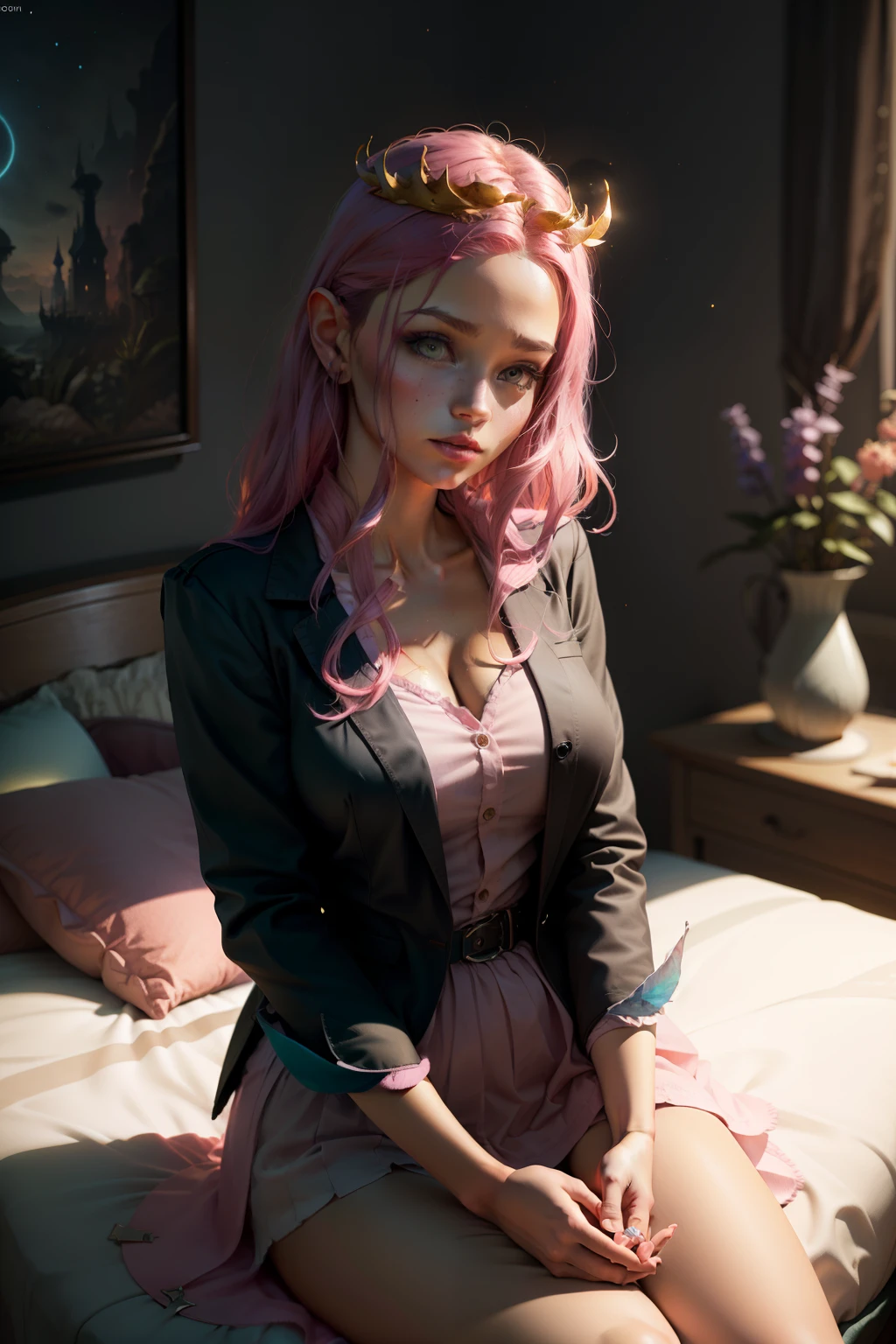 A young woman like a fairy with pink hair, sitting on the bed wearing a sexy black blazer, looking like a teacher, Fantasy Theme, em uma flowersta mágica, flowers (((master part))), (((best qualityer))), ((ultra detali)),(highly detailed CG illustration), ((an extremely delicate and beautiful)),cinematic light, Create stunning fantasy art. fairy tale fantasy with colorful details. ((Use various shades of pastel pink and watercolor as the main color scheme.)) Incorporate unique lighting effects, Exploring dynamic and attractive composition techniques, and experimenting with unique color palettes. Camera: Choose an angle that highlights the beauty of the character.. The ilumination: Use atmospheric lighting techniques to create depth and mood. resolution: Aim for a high-resolution artwork to showcase intricate details and clarity.