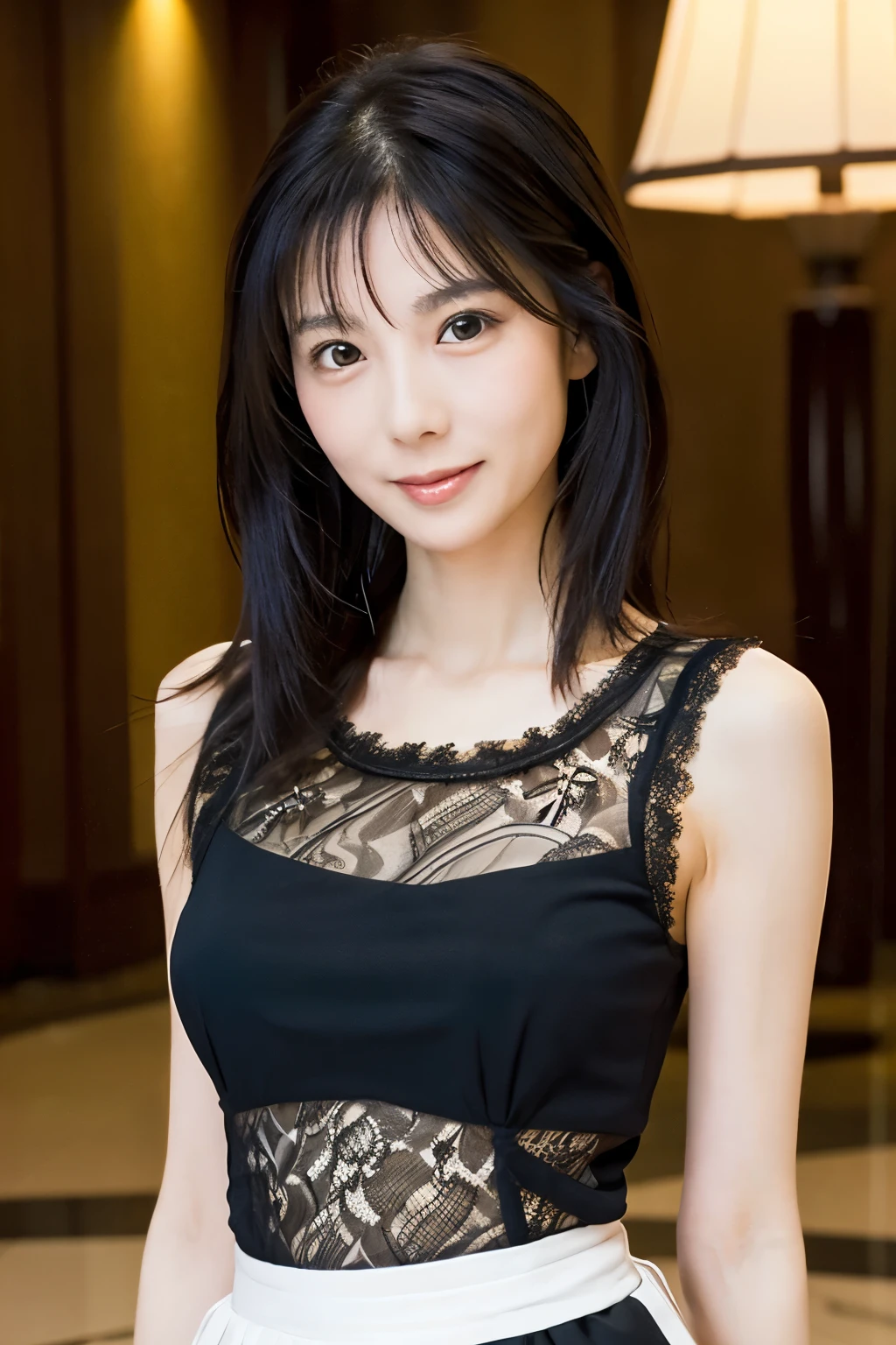 A skinny Japanese woman, {30|40} years old, 1girl, cute face, slight smile, ((detailed face, detailed eyes)), black {short|long} hair, medium breasts, very thin waist, correct human body structure, See-through lace mini dress, standing in a hotel lobby, (full body photo),