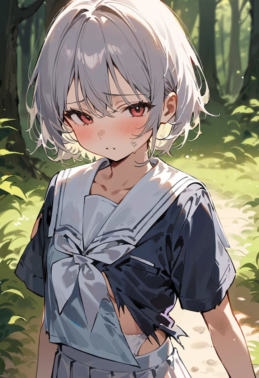 beautiful detailed girl,(masterpiece,best quality,extremely detailed:1.2),((cowboy shot:1.1)),(solo,,kawaii,slender,small breasts:1.25),(pained look:0.8),((white underwear) in ((Torn school uniform)):2),(dirty:2),blush,shy,weep,standing,(deep forest:1.5),(hug:0.4),rating: general, newest,Sexy face,(primitive:1.1)