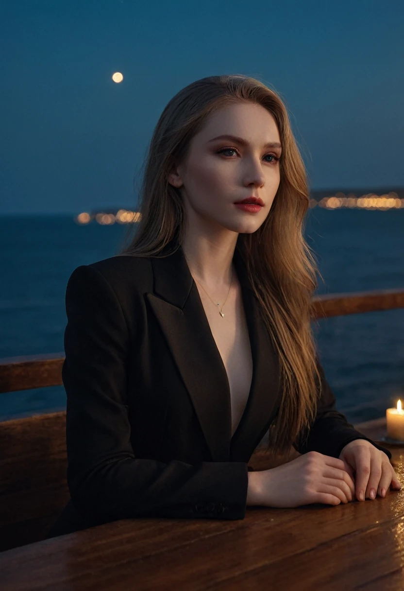 pale skin, evil slavic woman, long dark blond hair, stylish black modern formal clothes, dynamic pose, cinematic, (masterpiece), (best quality), (ultra-detailed), very aesthetic, photo, perfect composition, intricate details, absurdres, detailed face, (masterpiece, intricate:1.3), (best quality, hires textures, high detail:1.2), (4k),(incredibly detailed:1.4) Bar in the sky, 1girl, solo, alone, sitting at bar counter, from side, drinking, (ocean:1.3), candles, starry sky, shooting stars, masterpiece, best quality, ultra detailed,bar, (Professional), (award winning), (deep shadow), (Soft bokeh), 8K, HDR, sharp-focus, intricate details, Highly detailed, Sharp, Character portrait, perfect  lighting, Masterpiece, detailled background, Cinematic lighting, 8K