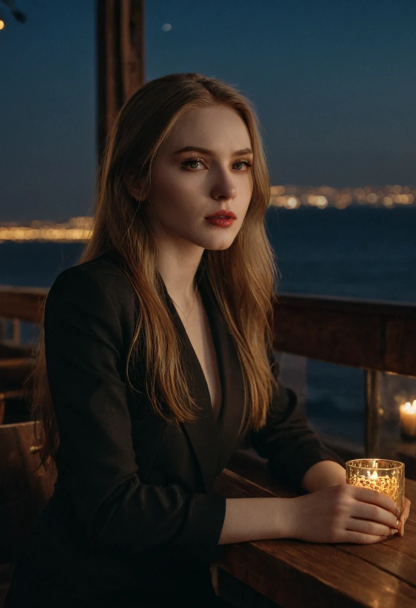 pale skin, evil slavic woman, long dark blond hair, stylish black modern formal clothes, dynamic pose, cinematic, (masterpiece), (best quality), (ultra-detailed), very aesthetic, photo, perfect composition, intricate details, absurdres, detailed face, (masterpiece, intricate:1.3), (best quality, hires textures, high detail:1.2), (4k),(incredibly detailed:1.4) Bar in the sky, 1girl, solo, alone, sitting at bar counter, from side, drinking, (ocean:1.3), candles, starry sky, shooting stars, masterpiece, best quality, ultra detailed,bar, (Professional), (award winning), (deep shadow), (Soft bokeh), 8K, HDR, sharp-focus, intricate details, Highly detailed, Sharp, Character portrait, perfect lighting, Masterpiece, detailled background, Cinematic lighting, 8K