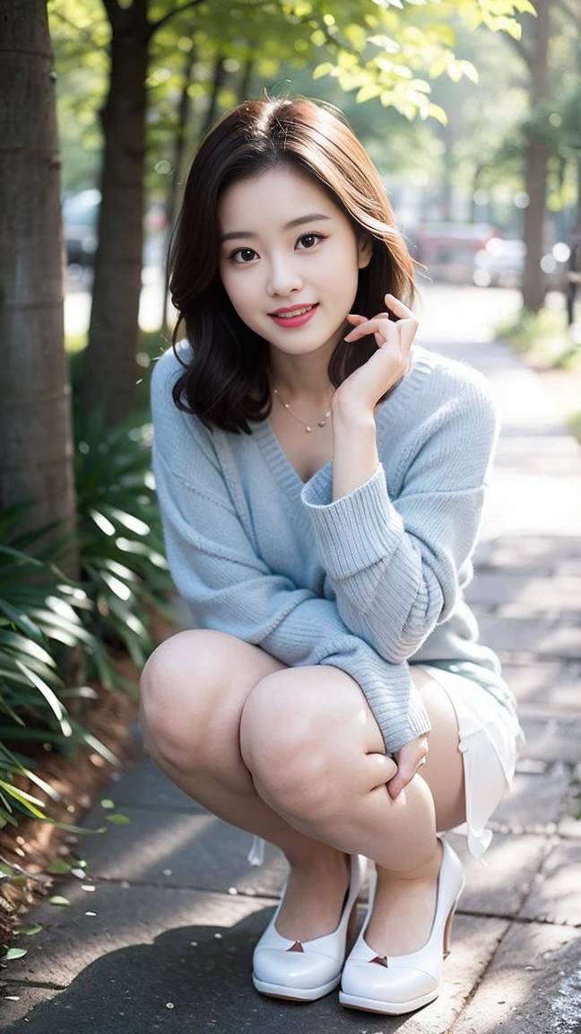 (Skin blemishes:1.2), (Skin Indentation), Dark circles, 1Missl, 25 years old, (((Miss))), Solitary, Practical, best quality, Reality, proficient, 8K, high resolution, Solitary, Extremely detailed face, (Professional lighting,Bokeh),(Light Particles,lens flare,Glowing particles:0.6),(Dynamic poses:1.2),Soft Lighting,Top angle view,fashionable atmosphere, (A girl in the forest),((During the day)), sky sky, ((Looking at the audience:1)), (Looking at the camera), Gorgeous, stand up, Maintain original facial proportions, Shave your shoulders, Full Body Love, (Medium chest), (Short and delicate hair), Brown hair, Flutter, Open lips, Lipstick, 迷人的Smile, Smile, Open your mouth, teeth, (Blue grey tight sweater), (White)(Business Mini Skirt), eyelash, birthmark, (Mole under the eye: 1),Proportionate legs, Thin and white,A pair of lotus feet,White and tender,No shoes,Delicate and beautiful feet,Focus on the chest,Full body image
