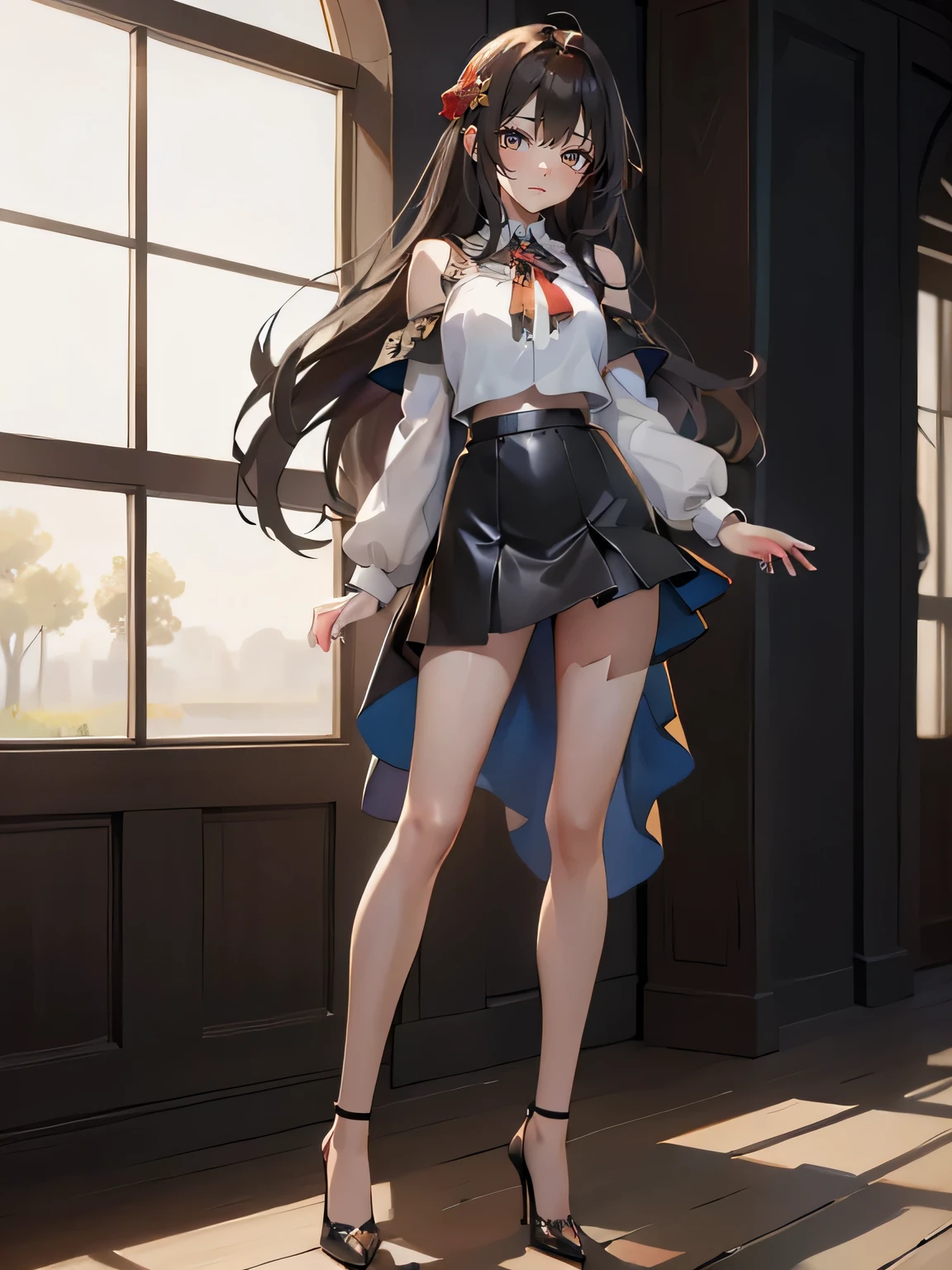ムラムラする女の子、(dark brown eyes:1.2),1 girl、long legs,Silver Hair、Dark brown eyes、Shining Eyes、Crop top、mini skirt、Parted lips、1woman wearing trendy clothes, in an abstract oil painting style, fashion show, The painting is ultra-high detailed and has a resolution of 8k, showcasing the best quality,creating a mysterious atmosphere , luminous design, vivit colours,spring lights,Artistic,azure, red, (Bare legs:1.1), (black high heels), black short skirt