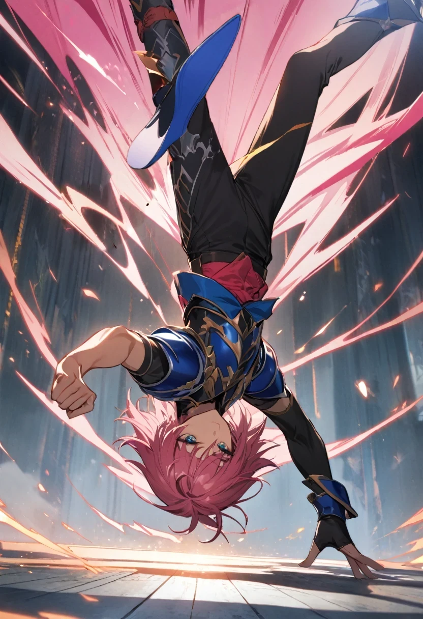 1boy,jrpg fantasy brave handsome man,rpg,bishounen,wearning knight armor and pants and armor legs,orange and pink and white and navy blue,japan anime,short hair,A dynamic pose of a breakdancer performing an impressive move,set in a visually striking and energetic composition,simple color,headspin,rpg fantasy,stylish effect,masterpiece, best quality, very aesthetic,absurdres,