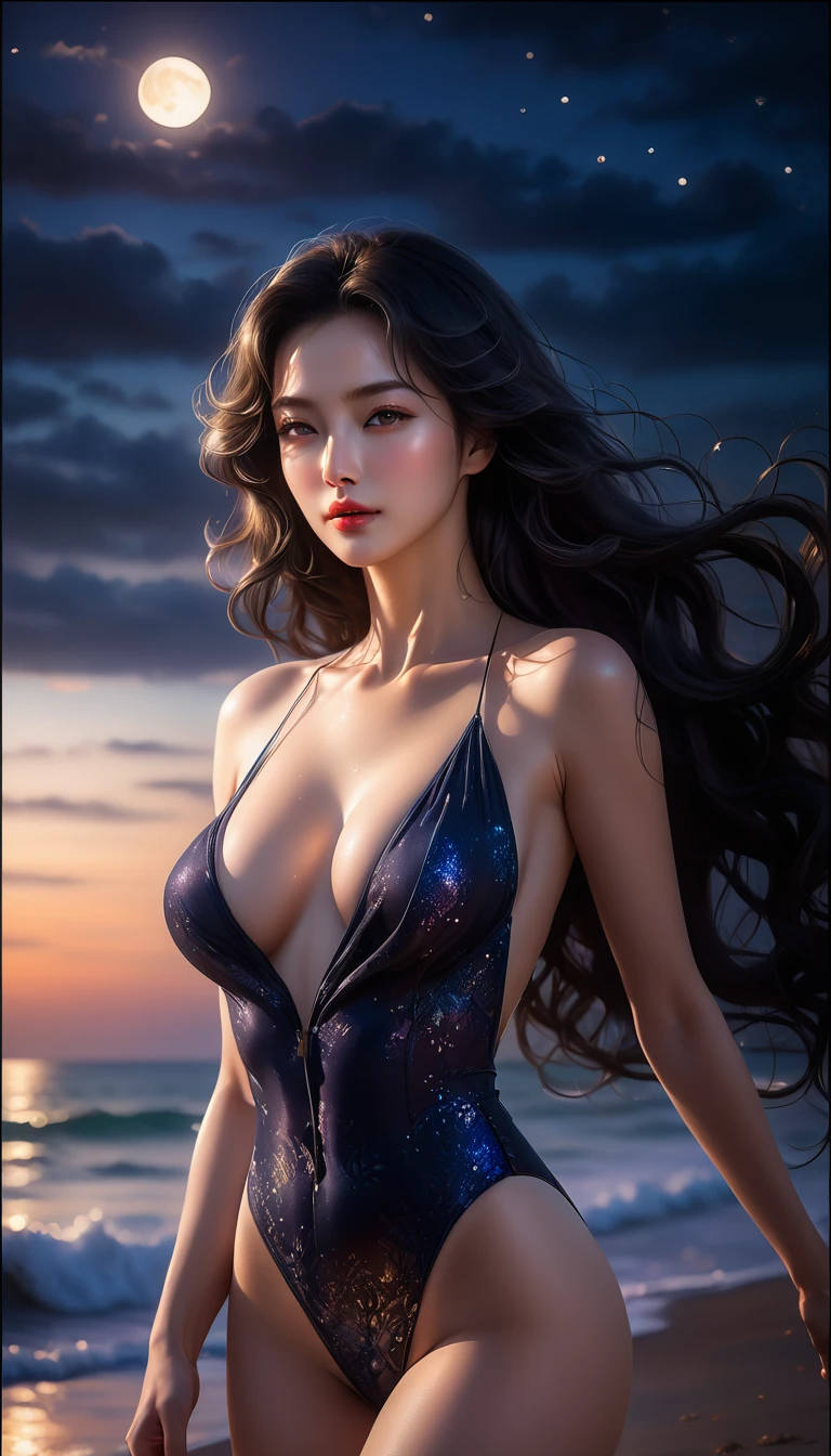 4K resolution,8K resolution,beautiful,Highest quality,Absolutely wonderful,Very detailed,Ultra-high resolution,masterpiece,Realistic,Realistic,Increased depth of field,Cinematic Light,
One elegant mature woman,
Wavy black long hair,精巧なディテールのbeautiful顔,Moist eyes,Sensual look,Glossy skin make-up,Transparent white skin,Very sensitive skin,Great proportions,Glamorous Body,Anatomically correct body,
High leg swimsuit,Summery design,Beautifully detailed pattern,Detailed cloth texture,
Romantic seaside scenery,Dark night sky,Coastline stretching to the horizon,Deserted beach,Dark sea surface,
Cinematic Angle,