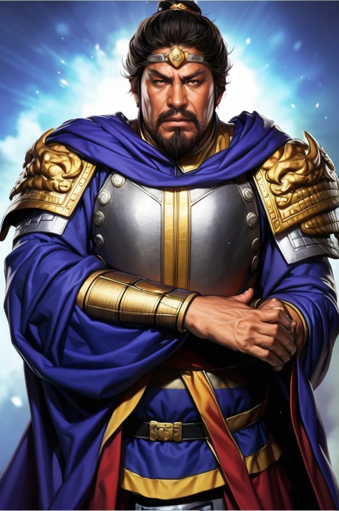 8K,middle aged man,oriental armor(The elaborately crafted coat of arms of a nobleman),ultra high resolution,surreal,realistic skin,Black hair short hair,big black eyes,clear eye description, muscular body,waist armor,delicate hands, Perfect hand shape, character art, action pose,masterpiece,Realistic RAW photos of the highest quality,bright colors,rich colors, backlight, movie lights, film grain,50mm lens