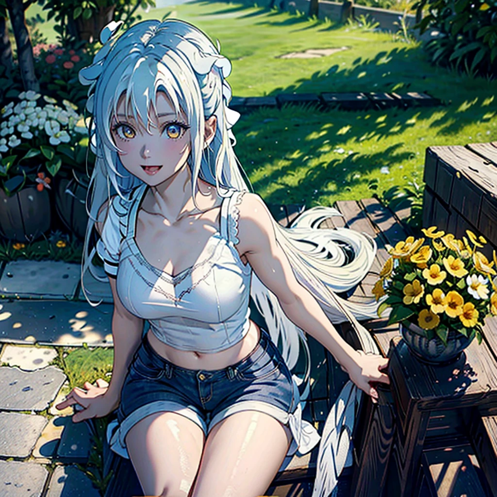 Girl with dog ears and tail, erect ears, honey yellow eyes, Highly detailed eyes, long hair and(((((( White)))))) with a small braid on the sides, denim shorts, translucent blouse, whole body, looking up, open mouth smile, big chest, beautiful body, detailed face y con amplia gama de gestos, sitting on a bench around a garden with flowers of various colors, detailed background, detailed face, Play of light and shadows, cinematographic, high quality, 8k, Masterpiece,