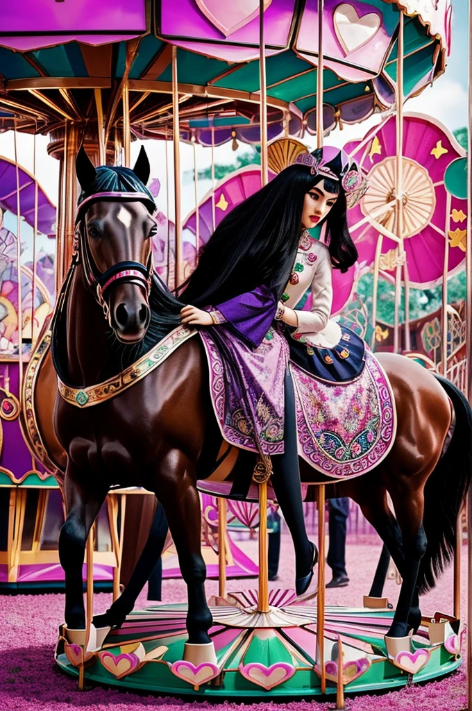 model in with a surreal mod and art deco inspired photo shoot. The modes poses on a whimsical carousel horse mushroom, leaf clover, heart , star motifs. The color palette in bright and saturated in lavender, red, and black. photo realistic style. Saturated. Wearing Anna Sui fashion.
Photo real bazaar magazine editorial style shoot.