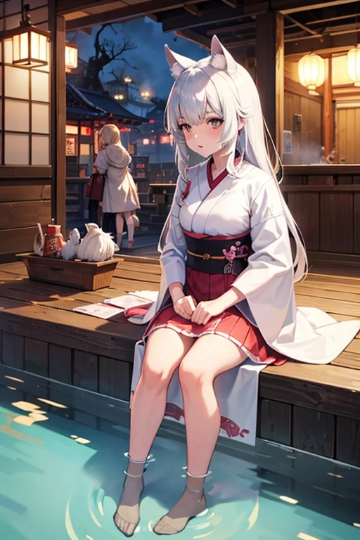 Wolf girls enjoying shopping,Japanese clothing,The background is a hot spring town with steam rising,Illustration-like