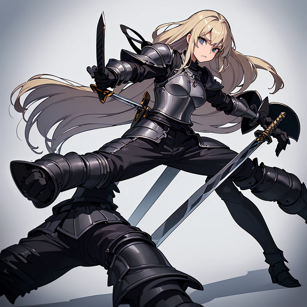 (Full body character concept)、(((Solo)))、Highest quality, Best Quality、8K、Best illustrations、(Full body character concept、detailed)、(((Gray simple armor、Black trousers、Black gloves))、(woman、18-year-old)、(Blonde、Long Hair)、(((Grab the sword)))、(Fighting stance,)、Dramatic Angle、(White background)、(From below)、(Clench your teeth)