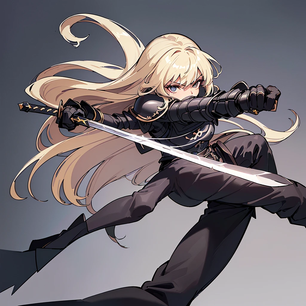 (Full body character concept)、(((Solo)))、Highest quality, Best Quality、8K、Best illustrations、(Full body character concept、detailed)、(((Gray simple armor、Black trousers、Black gloves))、(woman、18-year-old)、(Blonde、Long Hair)、(((Grab the sword)))、(Fighting stance,)、Dramatic Angle、(White background)、(From below)、(Clench your teeth)