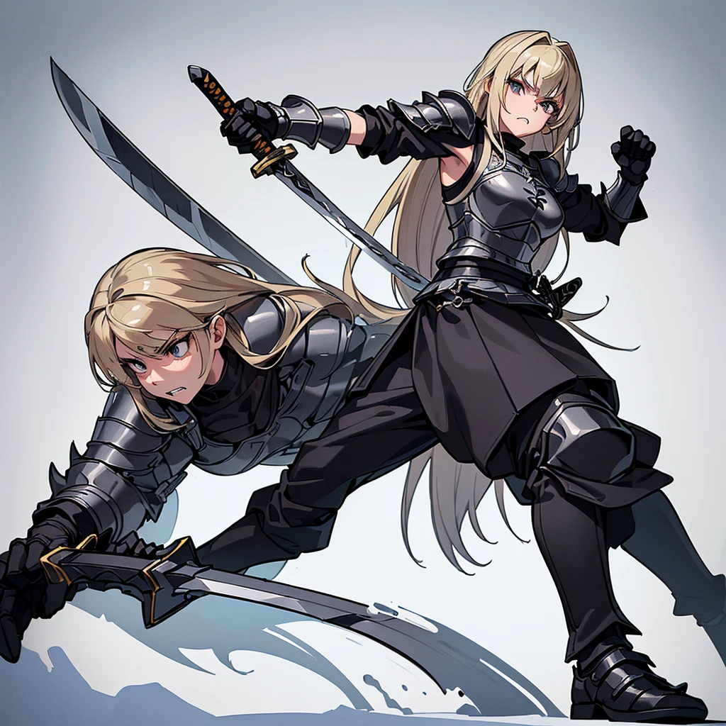 (Full body character concept)、(((Solo)))、Highest quality, Best Quality、8K、Best illustrations、(Full body character concept、detailed)、(((Gray simple armor、Black trousers、Black gloves))、(woman、18-year-old)、(Blonde、Long Hair)、(((Grab the sword)))、(Fighting stance,)、Dramatic Angle、(White background)、(From below)、(Clench your teeth)
