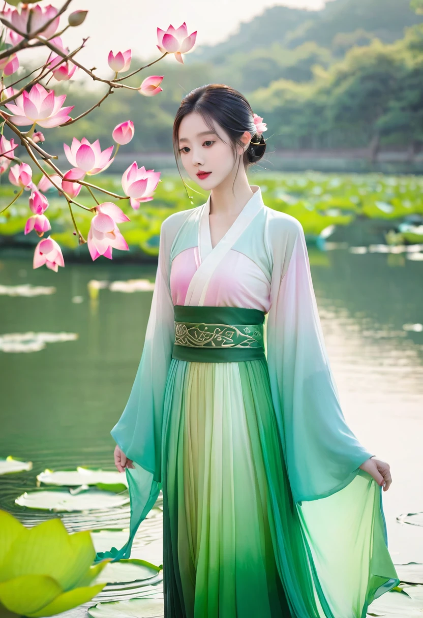 夏日Lotus仙子,Lotus,Chiffon Hanfu,Pink Green Gradient Skirt,Water spirit skin,Skin details,Lotus上的水滴