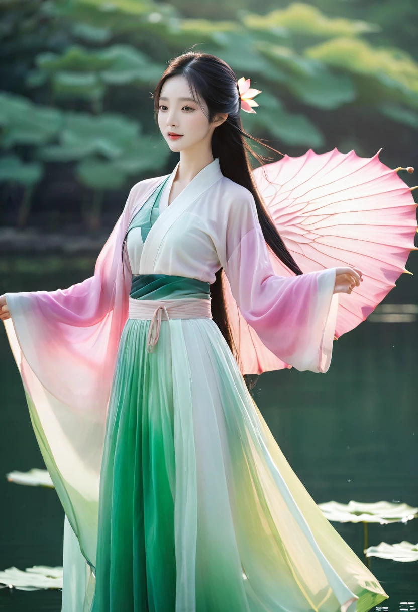 夏日Lotus仙子,Lotus,Chiffon Hanfu,Pink Green Gradient Skirt,Water spirit skin,Skin details,Lotus上的水滴