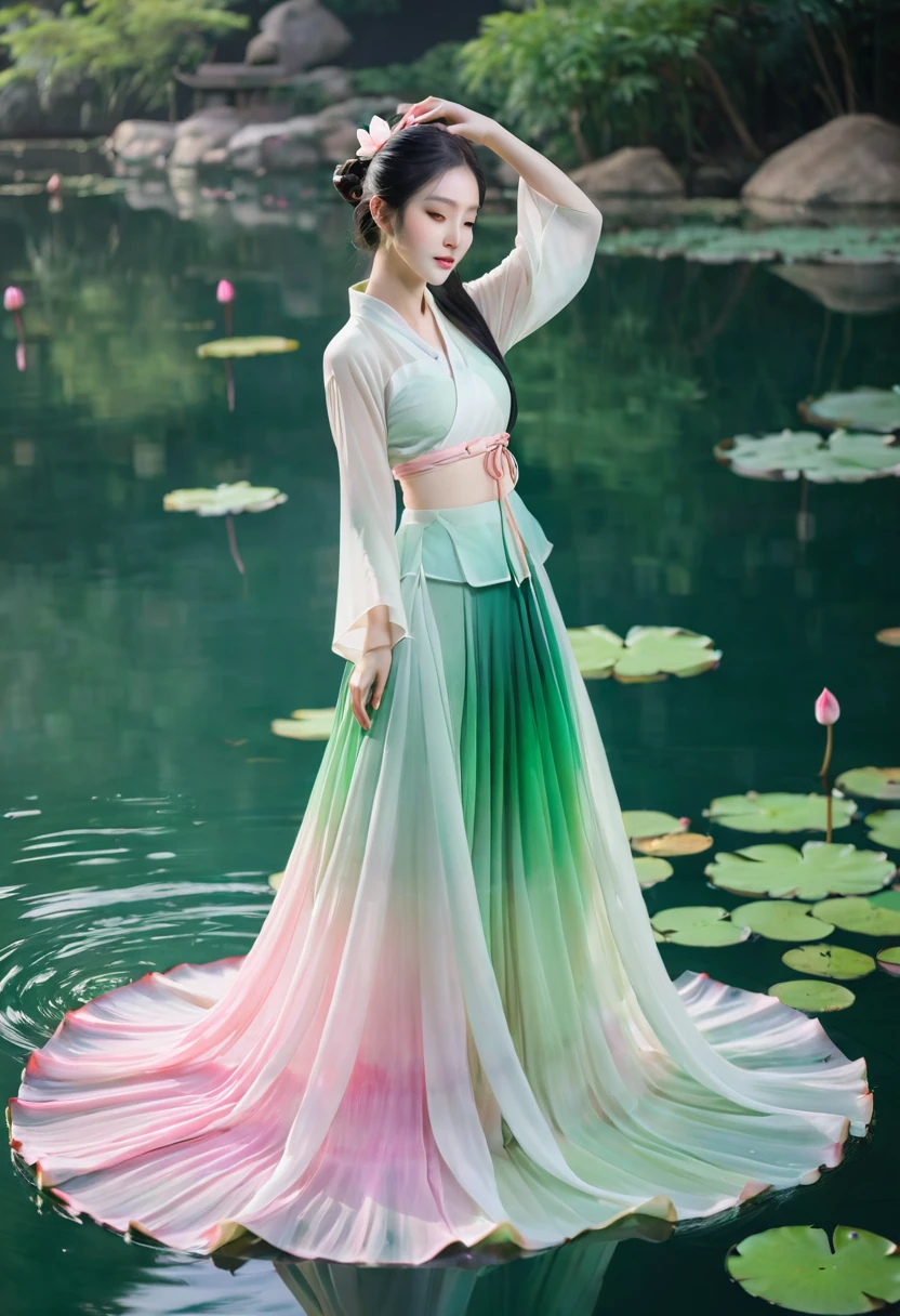 夏日Lotus仙子,Lotus,Chiffon Hanfu,Pink Green Gradient Skirt,Water spirit skin,Skin details,Lotus上的水滴