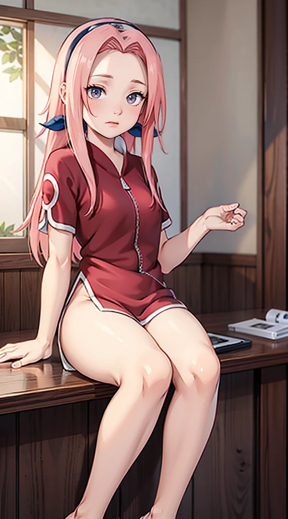 Haruno Sakura, long hair tied low, hair band, Pink hair, hana purple eyes, beautiful, beautiful woman, perfect body, (((thick thighs))), perfect , wearing white pajamas, pajamas, sleepwear, in the kitchen, clear kitchen, looking at the audience, a slight smile, realism, masterpiece , textured leather, super detail, high detail, high quality, best quality, 1080p, 16k