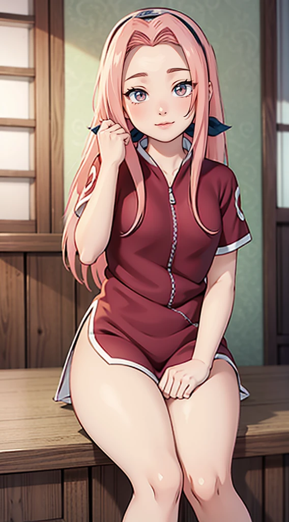 Haruno Sakura, long hair tied low, hair band, Pink hair, hana purple eyes, beautiful, beautiful woman, perfect body, (((thick thighs))), perfect breasts, wearing white pajamas, pajamas, sleepwear, in the kitchen, clear kitchen, looking at the audience, a slight smile, realism, masterpiece , textured leather, super detail, high detail, high quality, best quality, 1080p, 16k
