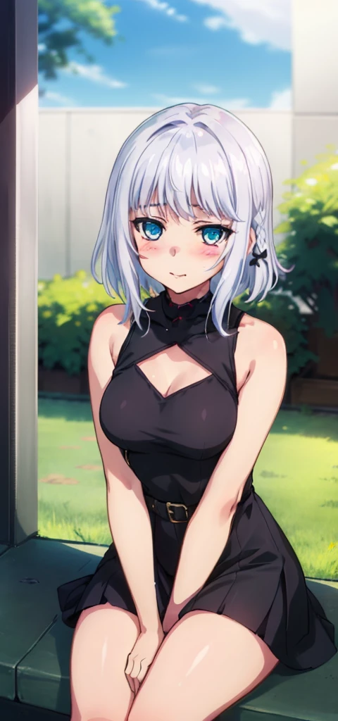 1 girl, kanon kanase,  , blush, medium breasts, sleeveless,((stylish outfit, dress)), sitting,  20-year-old, healthy skin. Upper_body. 