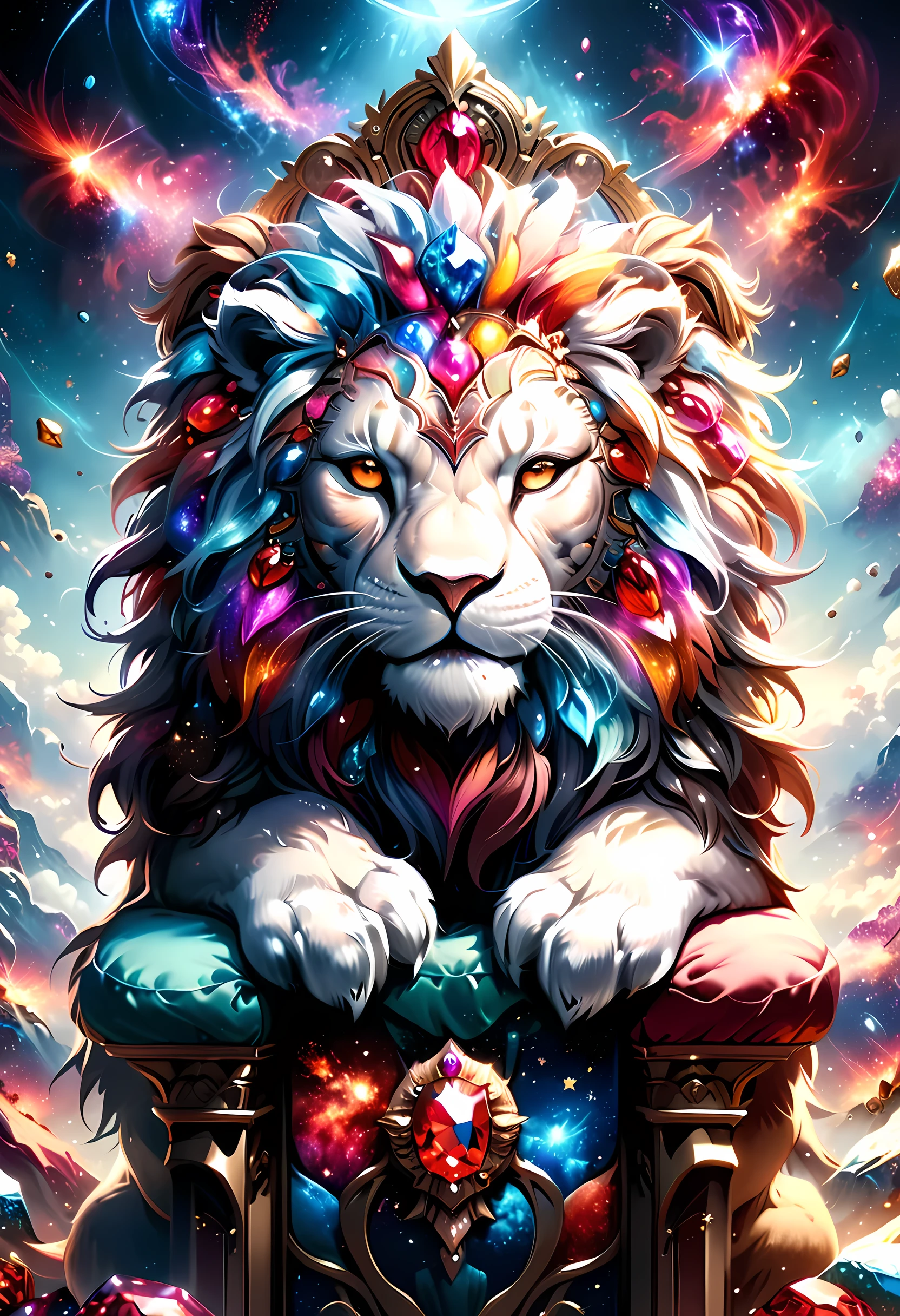 a picture of a massive epic throne, it has purple silk cushions, rubies, topaz, aquamarine gemstones, there is an epic lion resting at the base of the throne , behind the throne there are stars and nebulas of space a sense of high royalty, nobility and magic , (masterpiece: 1.4) a (portrait: 1.3) intense details, highly detailed, photorealistic, best quality, highres,16k, [ultra detailed], masterpiece, best quality, (extremely detailed), close up, ultra wide shot, photorealistic, RAW, fantasy art, dnd art, fantasy art, realistic art,((best quality)), ((masterpiece)), (detailed), RagingNebula, aetherpunkai, ral-ntrgmstn