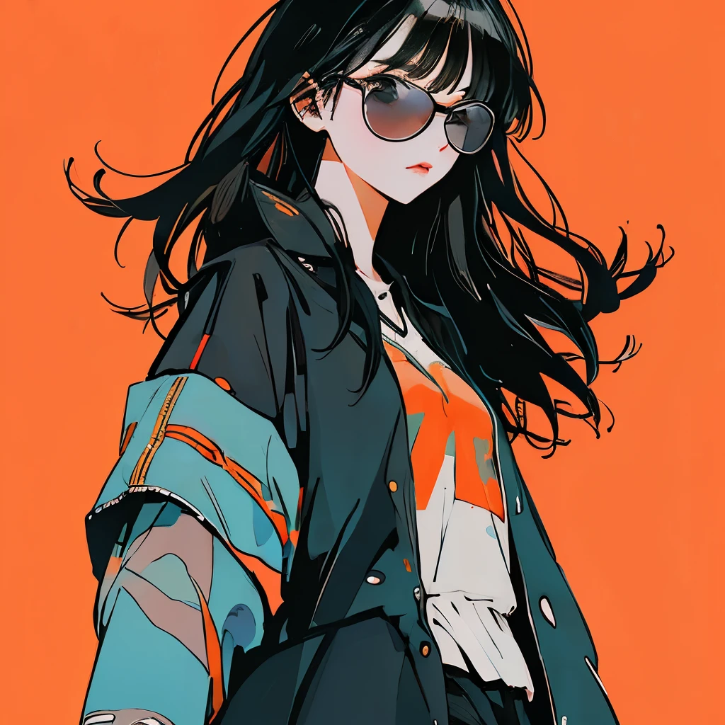 masterpiece、One Girl、Black Hair、Fashionable clothes、(((Black jacket)))、Orange Background、sunglasses、Low - Angle