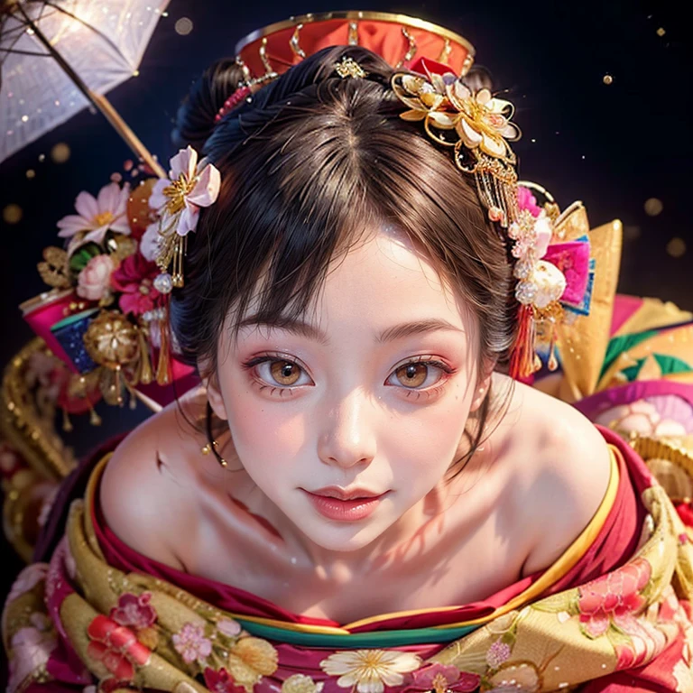 (PUNIPUNI clavicle KIMONO ((offshoulder)) KANZASHI FlowerHairpins Topknot TwinBun Oiran-Hair)High-level, 8K Masterpiece TopQuality, Ultra-detailed CG, Absurd detailed wallpaper, PerfectLighting, Extremely detailed (((Personifying " OIRAN " as a KAWAII Girl))), Characteristic Items, aesthetic LifeLike Rendering, MysticSight, Haze Tyndall Scattering, (Studio Dark Background with (Oodles Dazzling Iridescent 🌈Particles (BokeH))), (((Assfocus)) RoundlyButt) ThighGap, (Exposed:0.44) 🔞 BREAK (Acutance:0.8), (NOGIZAKA FaceVariations) Extremely Detailed very KAWAII FaceVariations, Childish CaptivatingGaze ElaboratePupils ParfectEyes with (SparklingHighlights:1.28), (Voluminous LongEyelashes:0.88), 💄💋✨ GlossyRedLips with BeautifulDetails, CoquettishTongue, PUNIPUNI RosyCheeks, Radiant PearlSkin with Transparency, Glowing DowneyHair . { (Dynamic LifeLike expressions:1.4) | (:d) }, (large eyes:-1) .