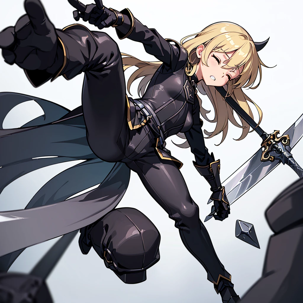 (Full body character concept)、(((Solo)))、Highest quality, Best Quality、8K、Best illustrations、(Full body character concept、detailed)、(((Gray simple armor、Black trousers、Black gloves))、(woman、18-year-old)、(Blonde、Long Hair)、(((Grab the sword)))、(Fighting stance,)、Dramatic Angle、(White background)、(From below)、(Close your eyes、Close your eyes、Clench your teeth)