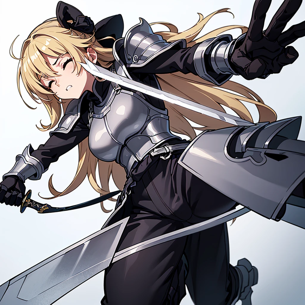(Full body character concept)、(((Solo)))、Highest quality, Best Quality、8K、Best illustrations、(Full body character concept、detailed)、(((Gray simple armor、Black trousers、Black gloves))、(woman、18-year-old)、(Blonde、Long Hair)、(((Grab the sword)))、(Fighting stance,)、Dramatic Angle、(White background)、(From below)、(Close your eyes、Close your eyes、Clench your teeth)