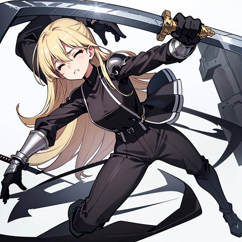 (Full body character concept)、(((Solo)))、Highest quality, Best Quality、8K、Best illustrations、(Full body character concept、detailed)、(((Gray simple armor、Black trousers、Black gloves))、(woman、18-year-old)、(Blonde、Long Hair)、(((Grab the sword)))、(Fighting stance,)、Dramatic Angle、(White background)、(From below)、(Close your eyes、Close your eyes、Clench your teeth)